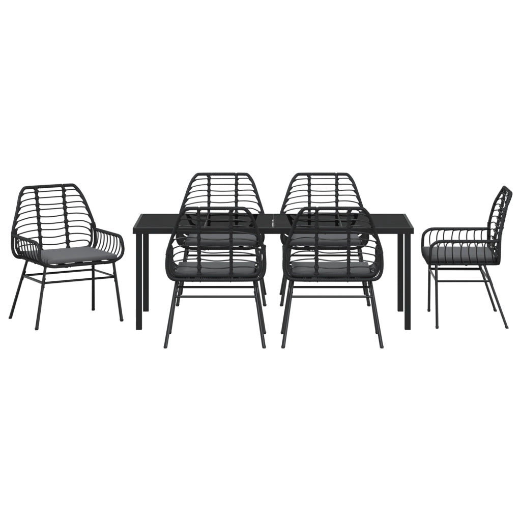 Set da Pranzo da Giardino 7 Pezzi con Cuscini Nero Polyrattan