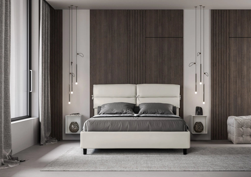 Letto Matrimoniale 160x200 cm con Rete e Contenitore con Testata e Alzata Comoda Imbottito in Similpelle Nandy Bianco