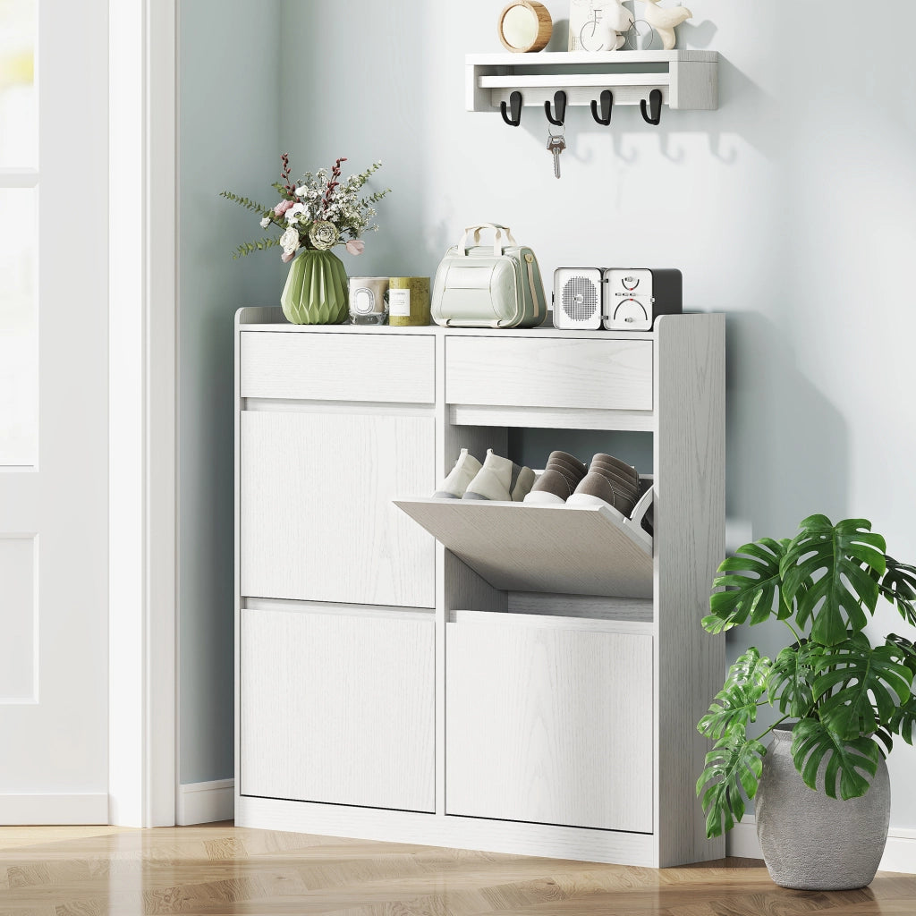 Scarpiera Slim 98x19,2x95,3 cm con 4 Ante a Ribalta e 2 Cassetti in Legno Bianco