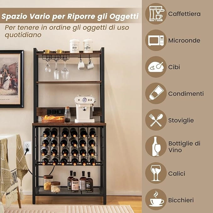 Mobile Bar Vino, Portabottiglie Industriale con 4 Ripiani, Porta Calici, Porte USB e Prese, con Struttura in Metallo Robusto, 75,5 x 48 x 163 cm