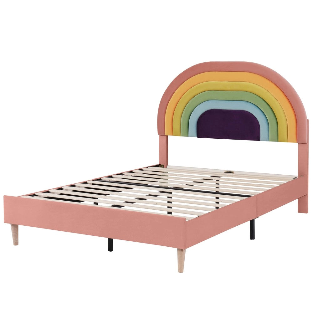 Letto Imbottito 140x200 con Testiera Regolabile ¨C MINIMAL ¨C Velluto Rosa, Rete a Doghe