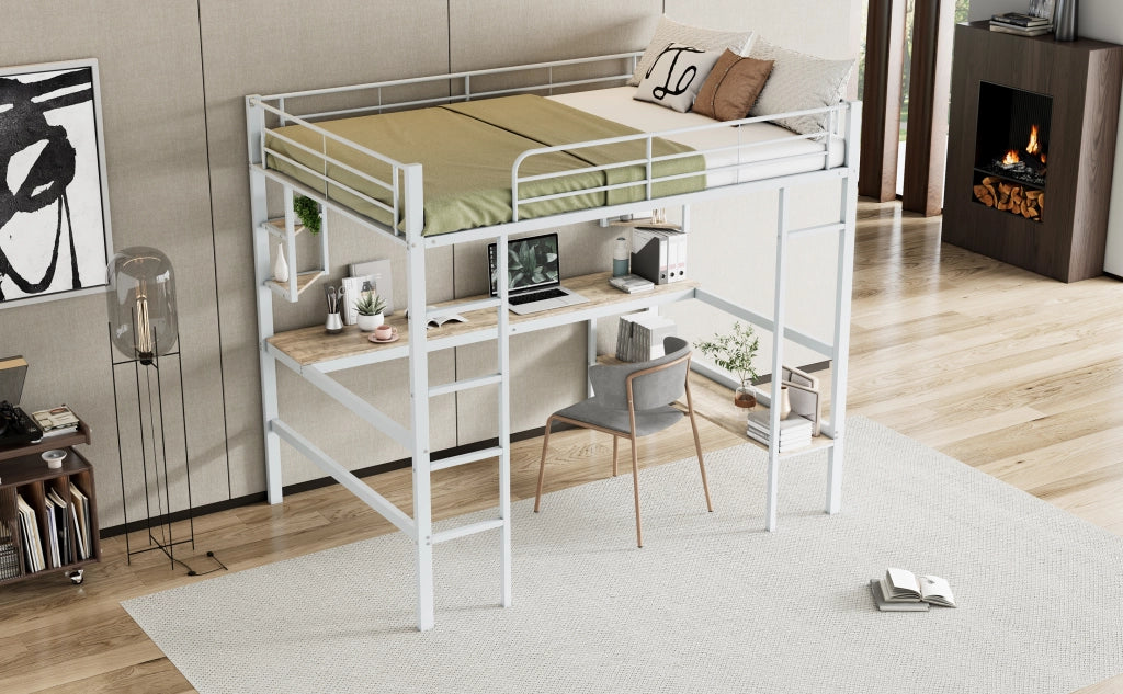 DESMIU Letto a soppalco 2 posti con scrivania, 4 ripiani e libreria 140 × 200 cm, senza materasso, metallo bianco