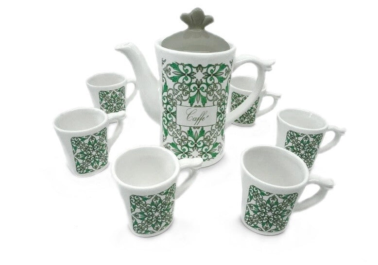 Set 6 Tazzine Tazze Caffe' + Teiera in Ceramica Decoro Verde