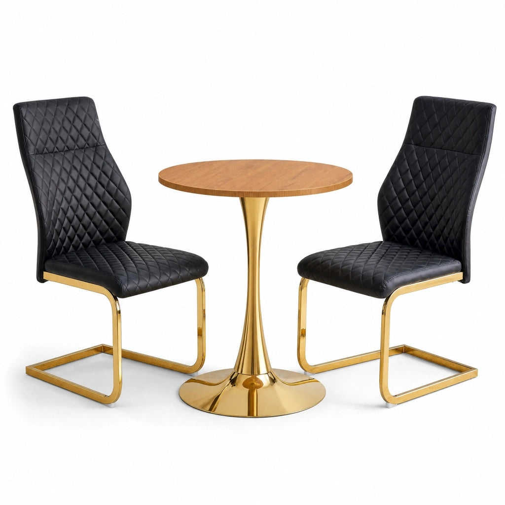 Tavolo da pranzo rotondo con 2 sedie in MDF e PU nero con base in metallo dorato, set da pranzo moderno