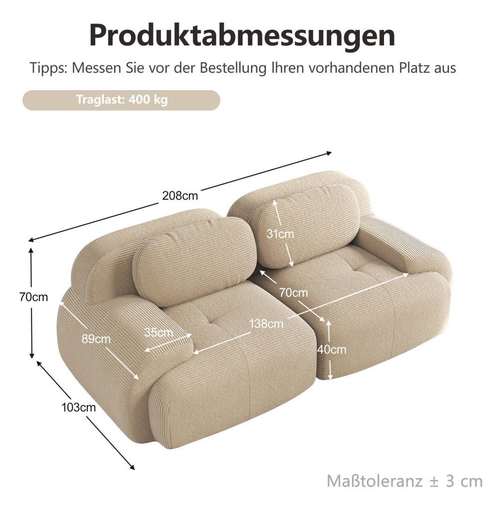 Divano angolare modulare 208x103x70 cm in tessuto effetto velluto a coste; beige