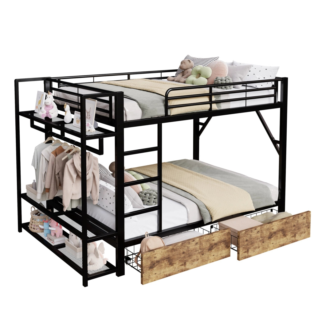 Letto a castello 140x200 cm in metallo e MDF; 2 cassetti; ripiani; LED; asta appendiabiti; nero