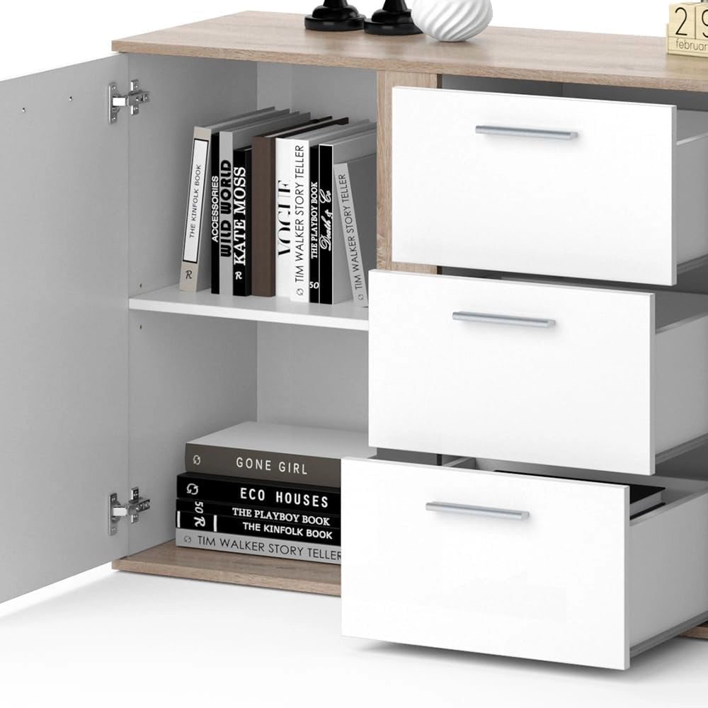 Credenza Novelli, Bianco/Sonoma, 155 x 80 cm con cassetti
