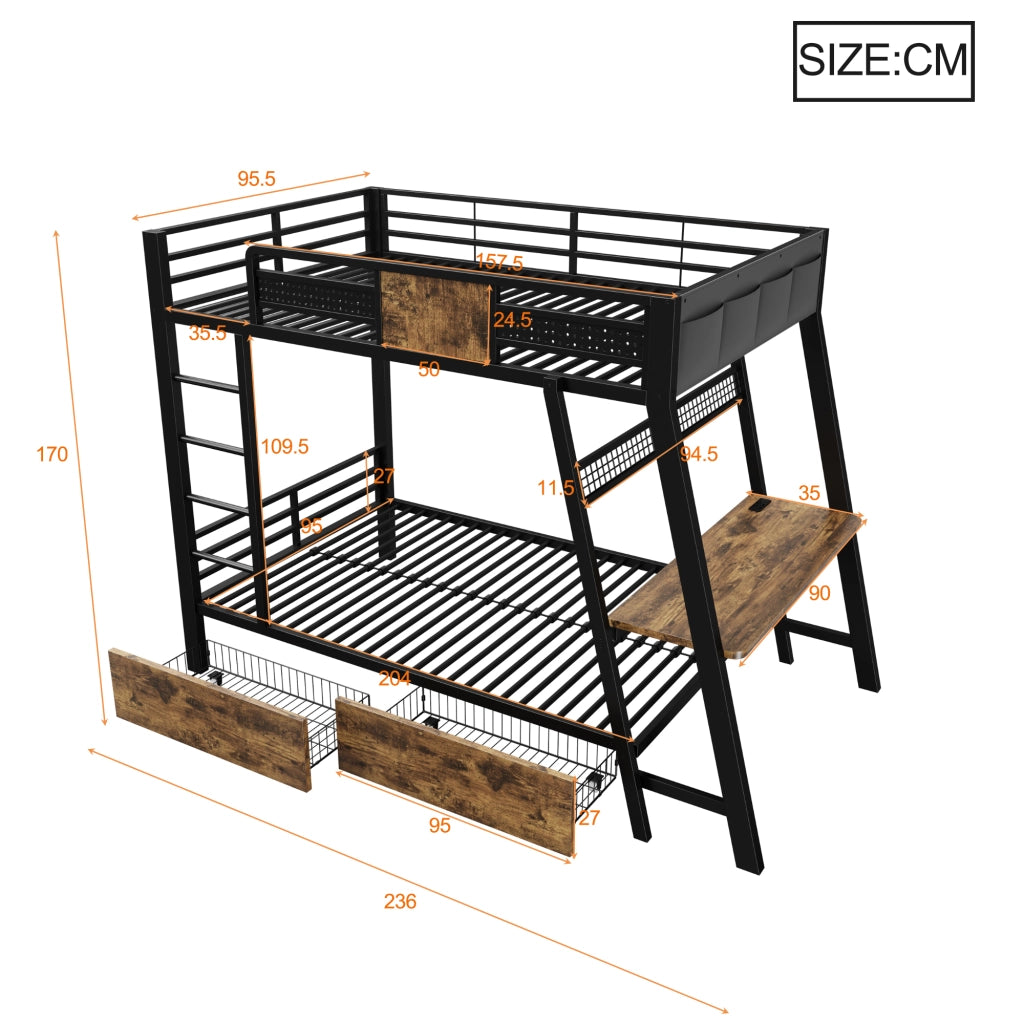 Letto a castello 2 posti per 2 materassi 90 × 200 cm con scrivania, prese, USB e porta tipo C, LED, senza materasso