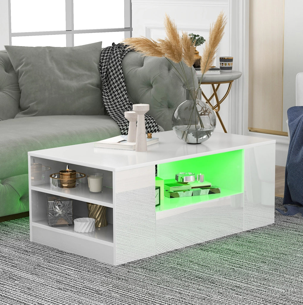 Tavolino da caffè LED con 2 cassetti e 2 ripiani; 95 x 53 x 37 cm; bianco