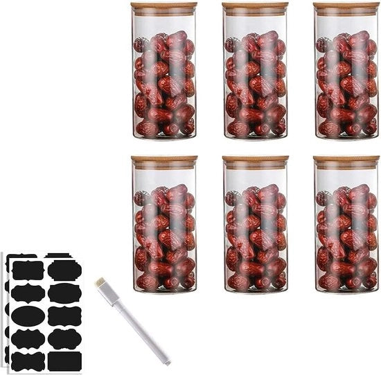 Set di Contenitori in Vetro da 6 con Coperchio in Bambù - 10 * 20 CM 1300 ML Dispensatore di Riso