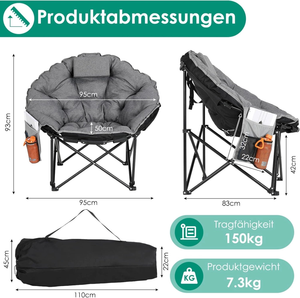 Moonchair - 2 sedie da campeggio di lusso, 150 kg, rotonde, imbottite, pieghevoli, con borsa portaoggetti, piedini antiscivolo, poggiatesta, tasca laterale, per giardino, spiaggia, grigio