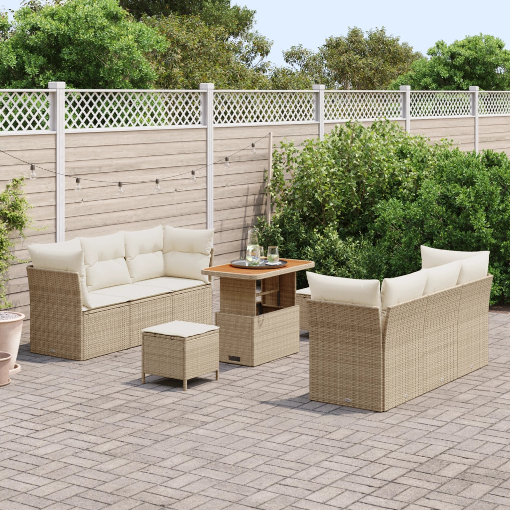 Set Divano da Giardino  9 Pezzi con Cuscini Beige Poly Rattan Acacia