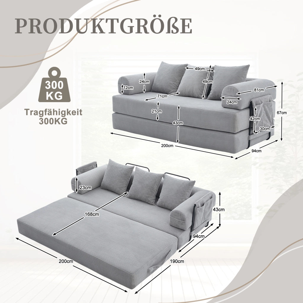 DIVANO modulare 200x94x67 cm in velluto a coste grigio chiaro