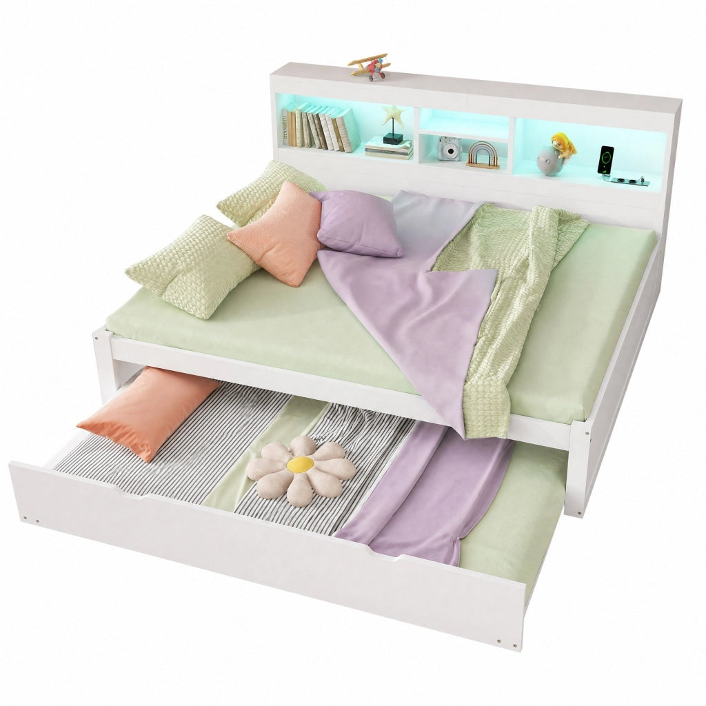 Divano letto / daybed 140x200 cm con illuminazione ambientale, presa e USB, vano laterale e letto estraibile, bianco