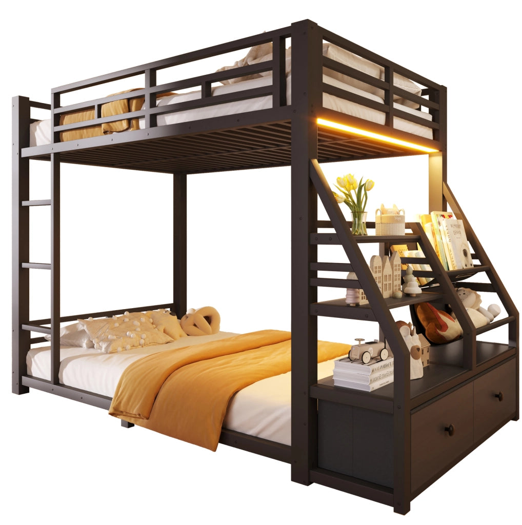 Letto a castello 90x200 cm con LED; legno e metallo nero