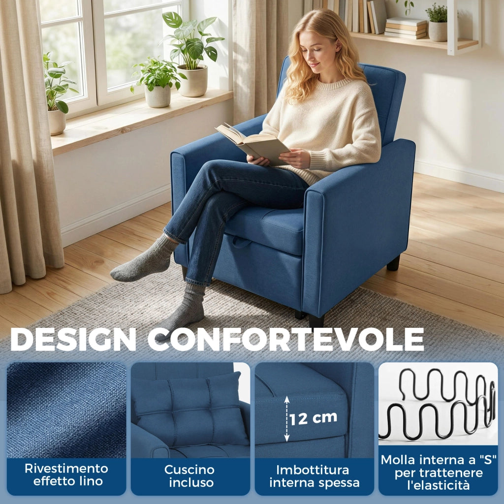 Poltrona Letto Pieghevole 69x82x85 cm con Schienale Regolabile e Cuscino in Tessuto Effetto Lino Blu