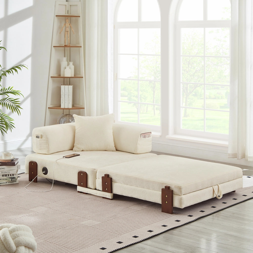 Divano letto pieghevole 2 in 1 - con USB; Type-C e tasche laterali - in tessuto - beige