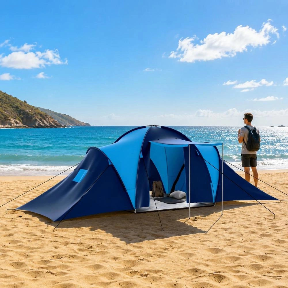 Camping Tent, Fabric, 9 Persons, Dark Blue And Blue