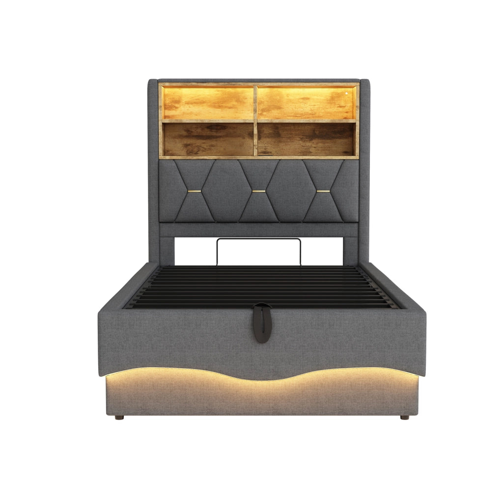 Letto per bambini 90x200 cm grigio in metallo con LED, USB e vano contenitore