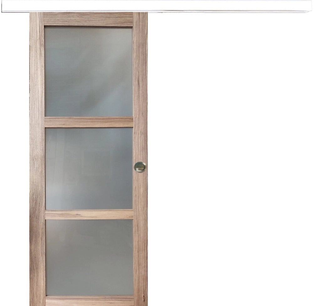 Porta Scorrevole Frake Vetro Legno H204 x L73 + binario in alluminio bianco e 2 gusci senza maniglia