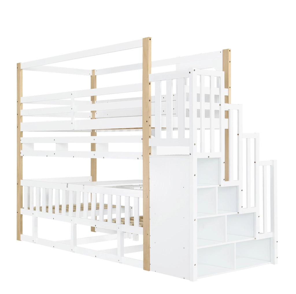 Letto a castello 90x200 cm bianco e naturale in legno e MDF con scala contenitore