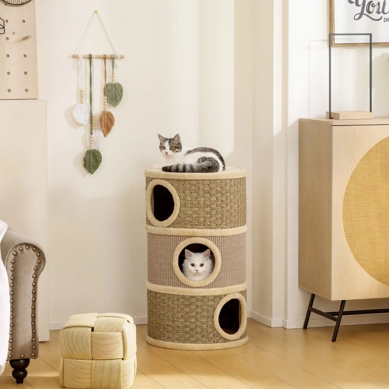 Torre tiragraffi per gatti a 3 livelli, 79 cm, con grotta e rivestimento in sisal, Khaki/Marrone