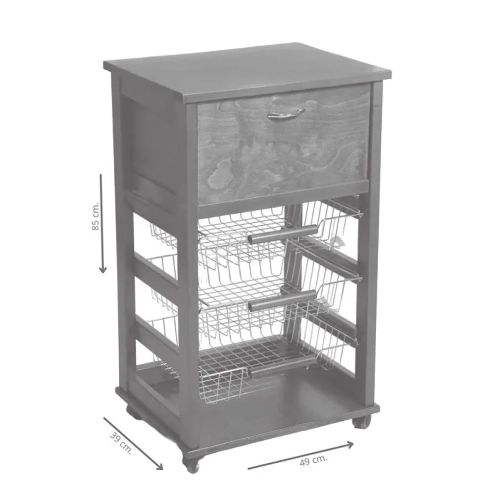 Carrello da cucina 3 cestini estraibili ed un cassetto portapane Vesuvio colore  ciliegio