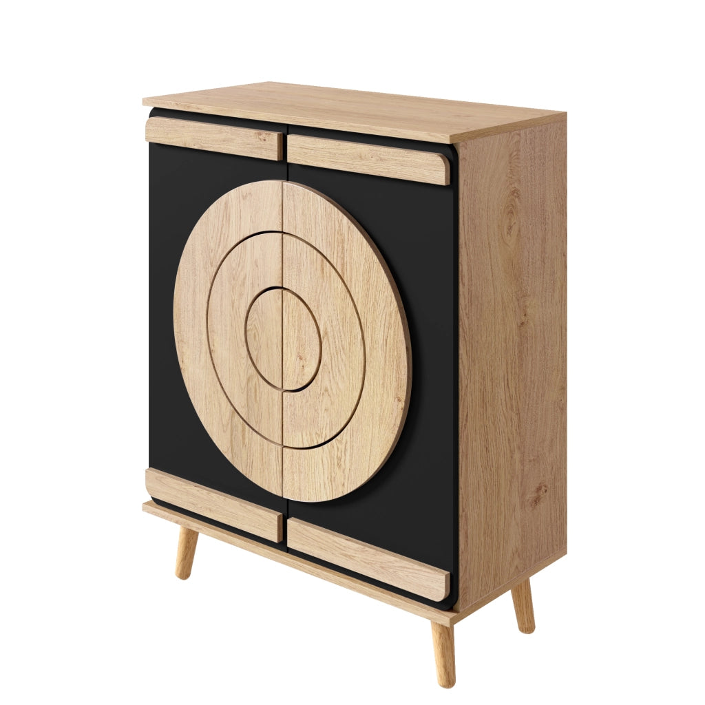 Scarpiera moderna 76x37x98;5 cm con ante geometriche; nera e naturale