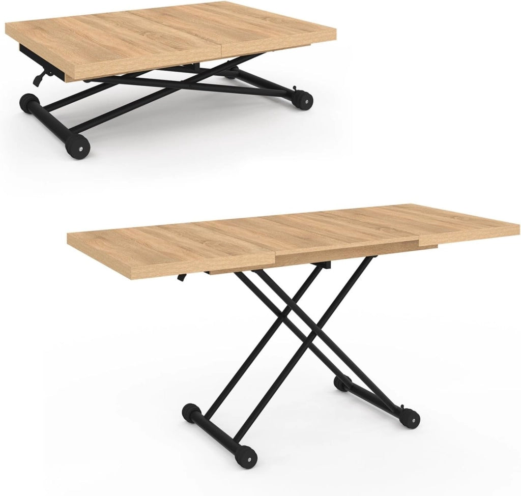 Tavolino di design industriale in legno e nero ALTURA, allungabile e trasformabile in tavolo da pranzo rettangolare