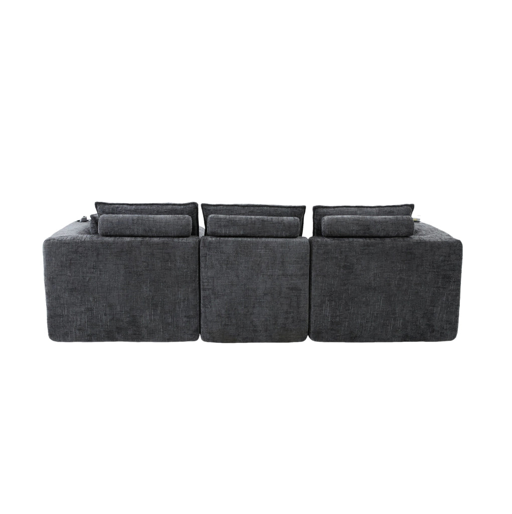 Divano modulare 3 posti con pouf; tasche laterali e cuscini; in chenille grigio scuro 256x161x75 cm
