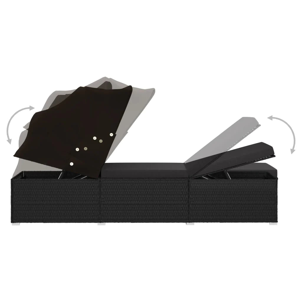 Lettino prendisole sedia a sdraio lettino prendisole letto da giardino mobili da esterno per patio con baldacchino e cuscino resina intrecciata nera 02_0012275