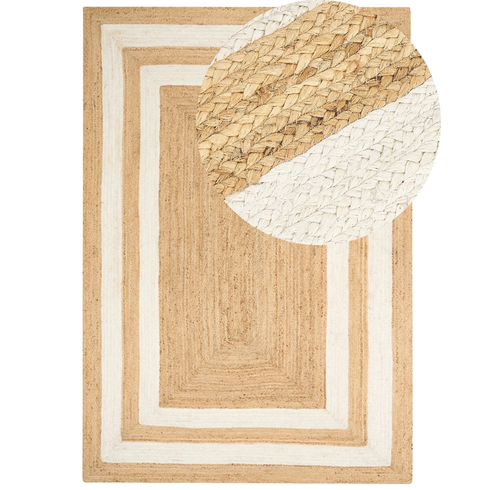 Tappeto Beige Juta 200 x 300 cm Intrecciato a mano con motivo a cornice Naturale Stile Boho Tessile