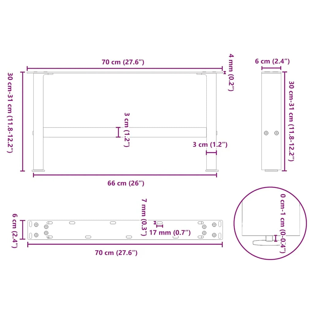 Set di 2 pratiche gambe quadrate per tavolino da caffè 70 x 30 cm con piedini livellatori design moderno in acciaio nero 02_0057508