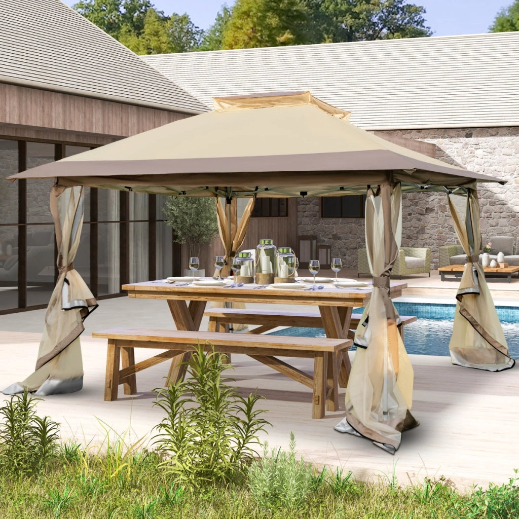 Gazebo pop-up 358x358cm con rete laterale a 4 lati cima ventilata borsa da trasporto, Tenda gazebo istantanea Marrone-Gazebo