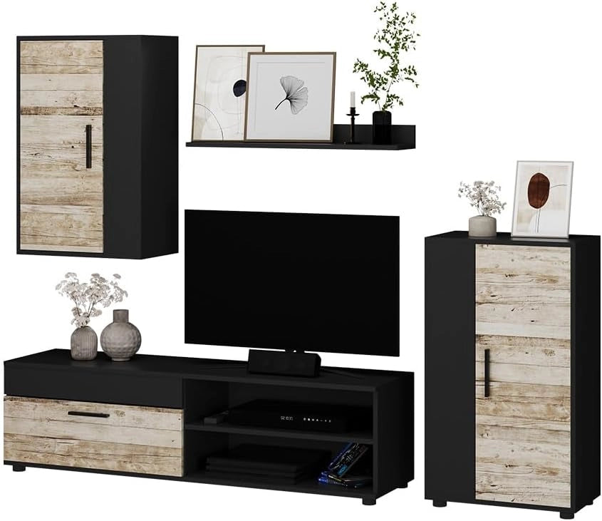 Parete attrezzata Berno, Antracite/beige, Set di 4 pezzi, per la conservazione di dispositivi multimediali e accessori