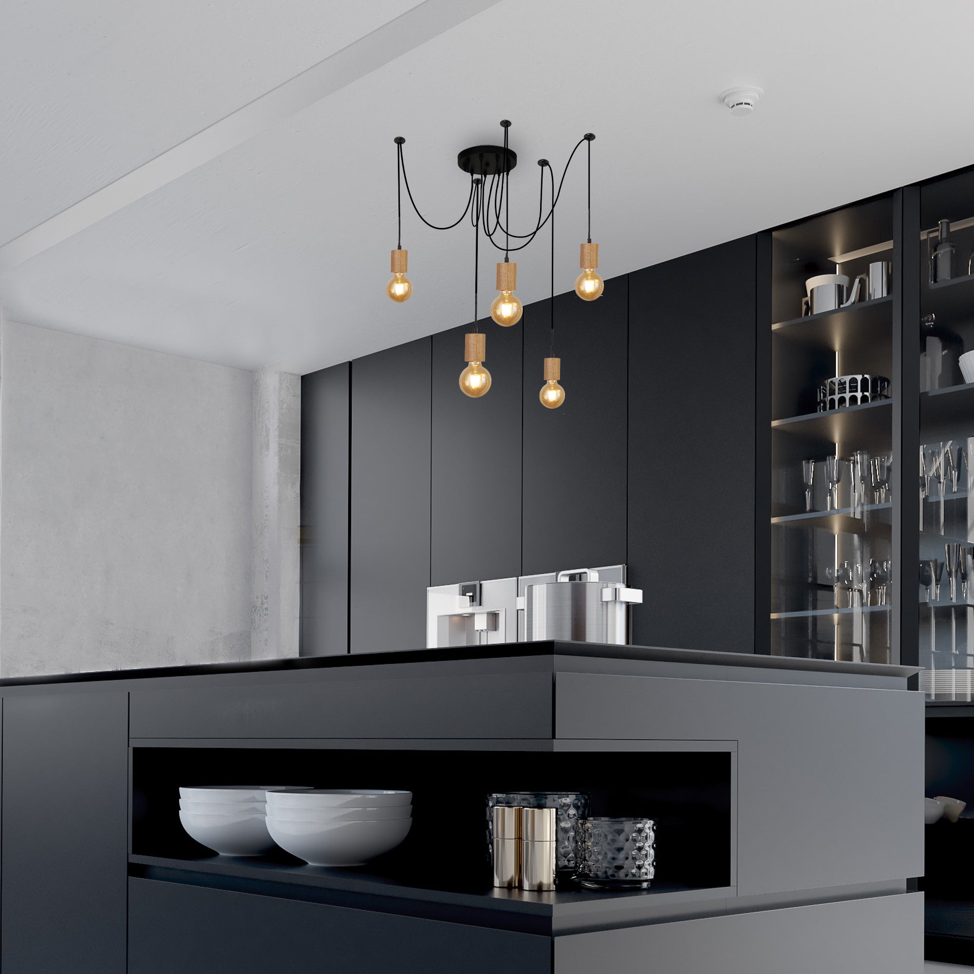 Lampadario Industrial-Nordico Spinoso Acciaio Nero Marrone 5 Luci E27