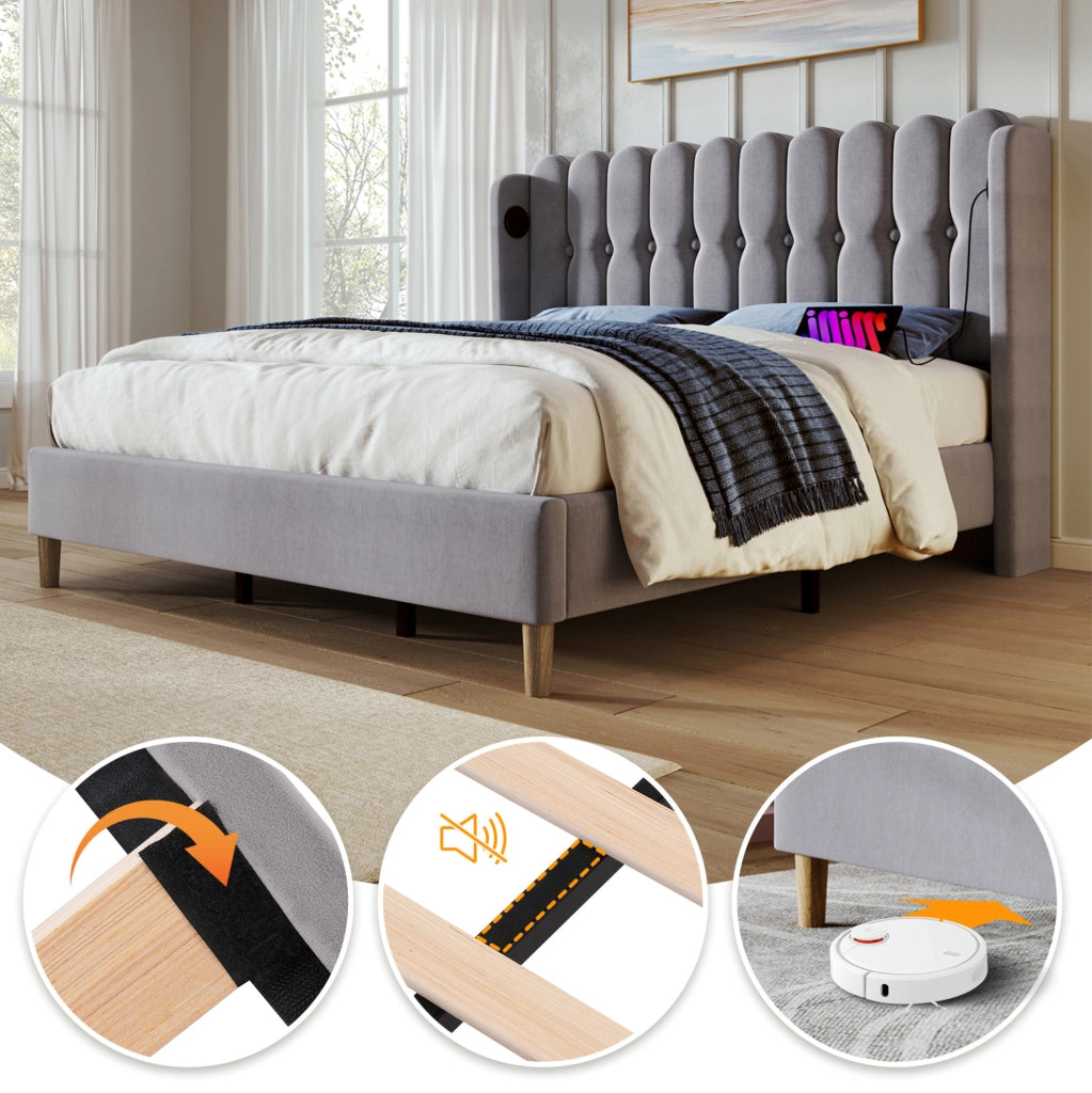 Letto matrimoniale imbottito ULEVR 160x200 cm con materasso H3, rete a doghe e porte USB e Type-C, grigio