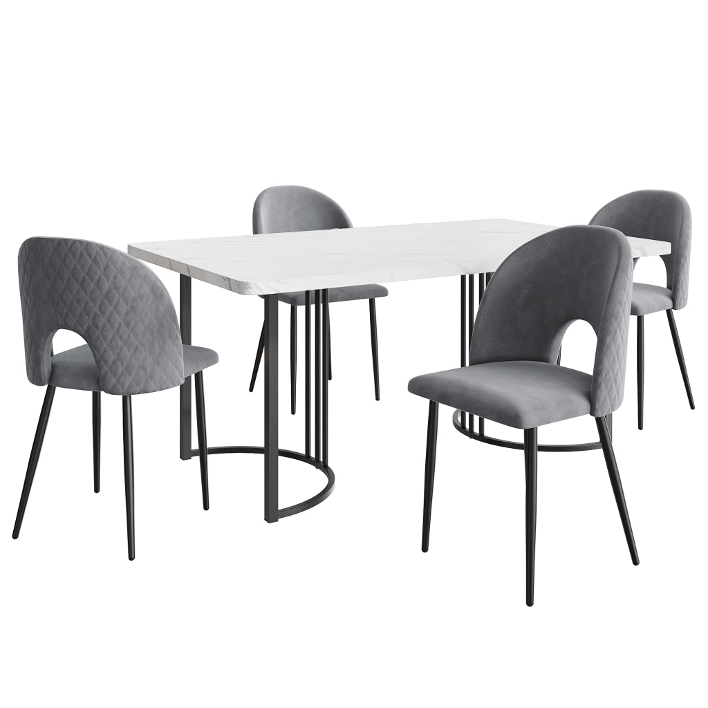 Tavolo da pranzo con 4 sedie in velluto, piano effetto marmo e gambe in metallo, per cucina e sala da pranzo, 140 × 80 cm
