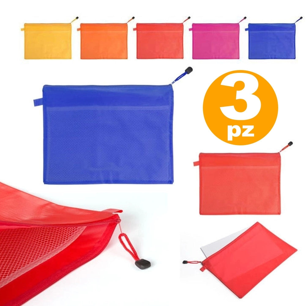 Trade Shop - Set 3 Portadocumenti Busta Pvc Zip Tasca Interna Rete 37.5x27cm Appunti Cartella -