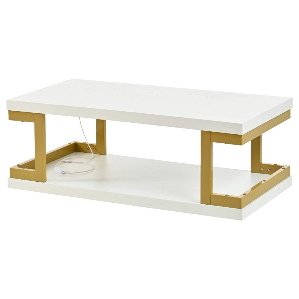 Tavolino da caff¨¨ rettangolare 100 ¡Á 50 ¡Á 37,5 cm con illuminazione LED, struttura in MDF e metallo, colore bianco e oro