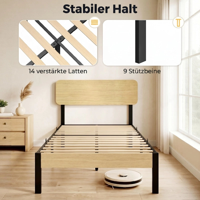 LETTO 90x200 cm con testiera in metallo e legno naturale, stile moderno