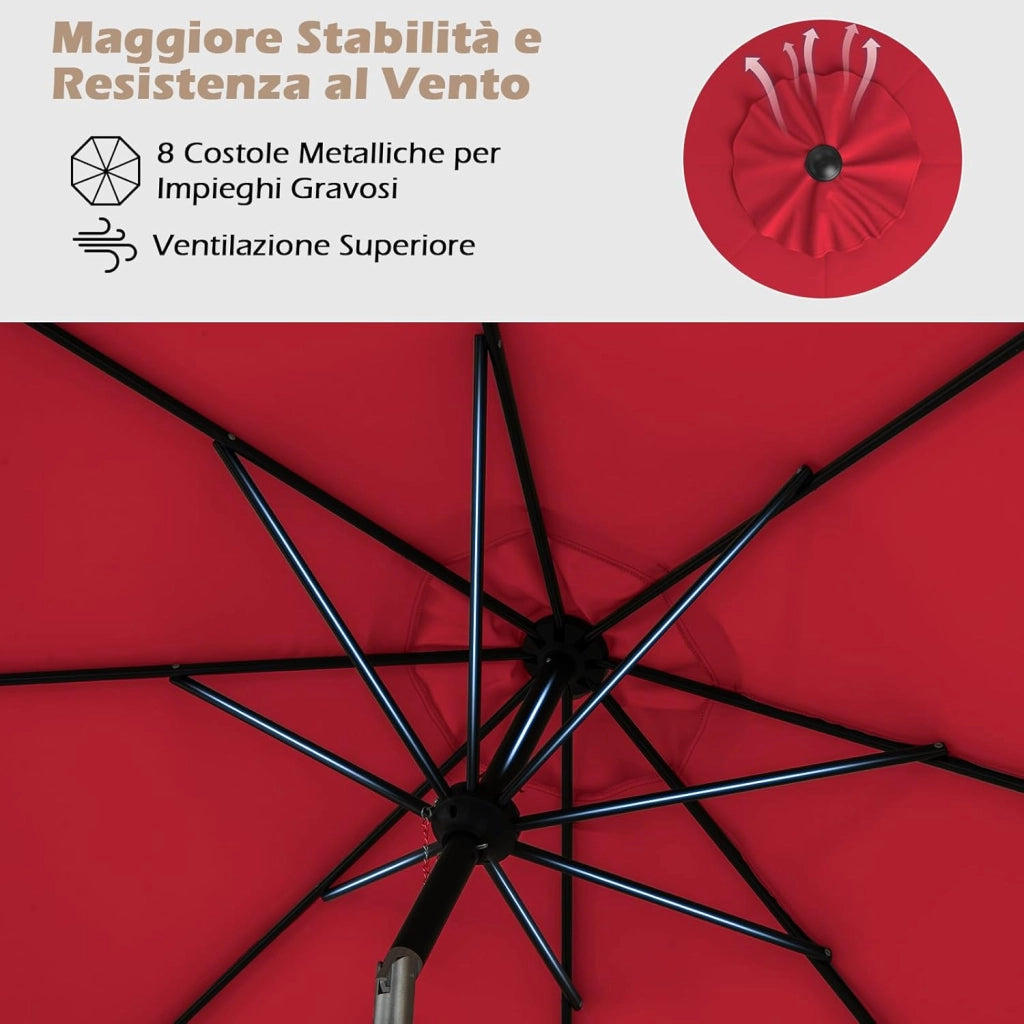 Ombrellone da Giardino, Diametro 290 cm, Ombrello da Spiaggia con Manovella e Inclinazione Regolabile, Ideale per Spiaggia, Balcone, Giardino (Rosso)