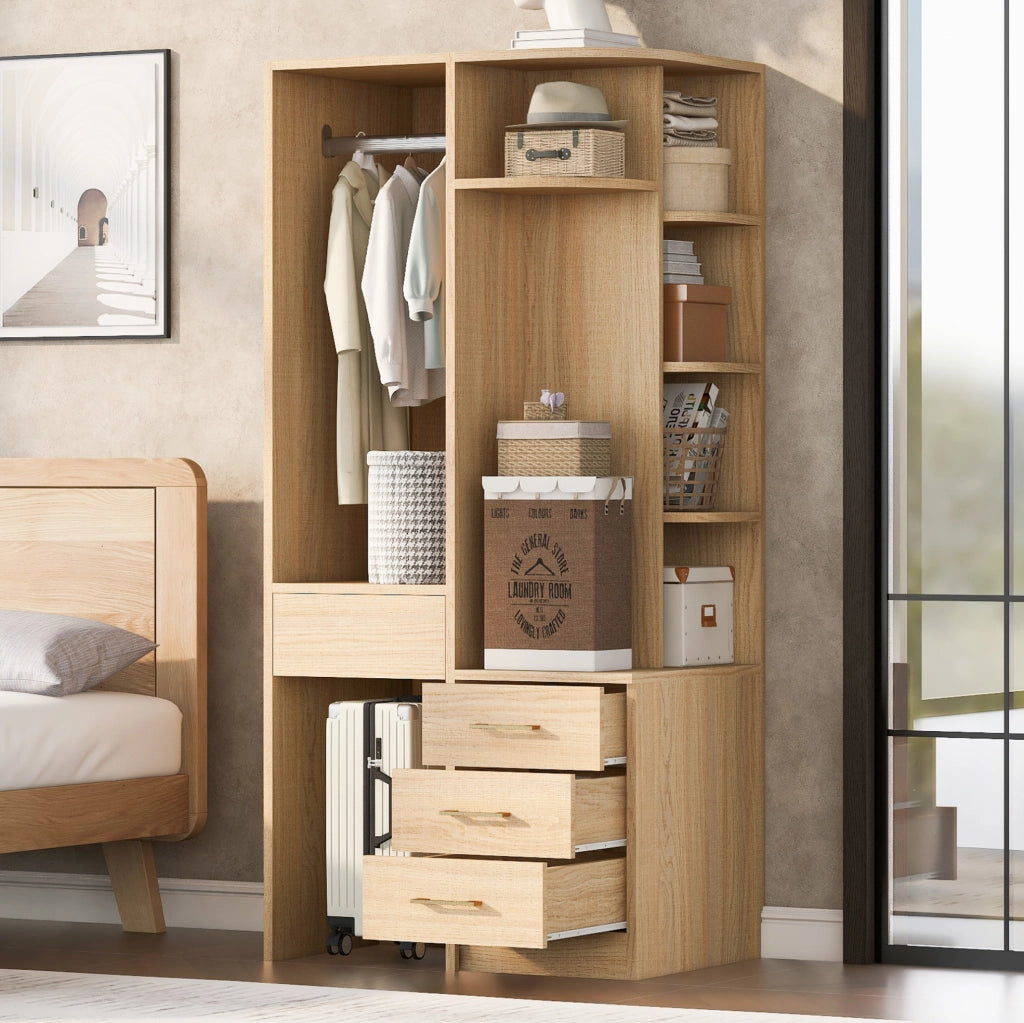 Armadio freestanding 70 x 55 x 175 cm con ripiani; asta appendiabiti e cassetti; MDF e legno