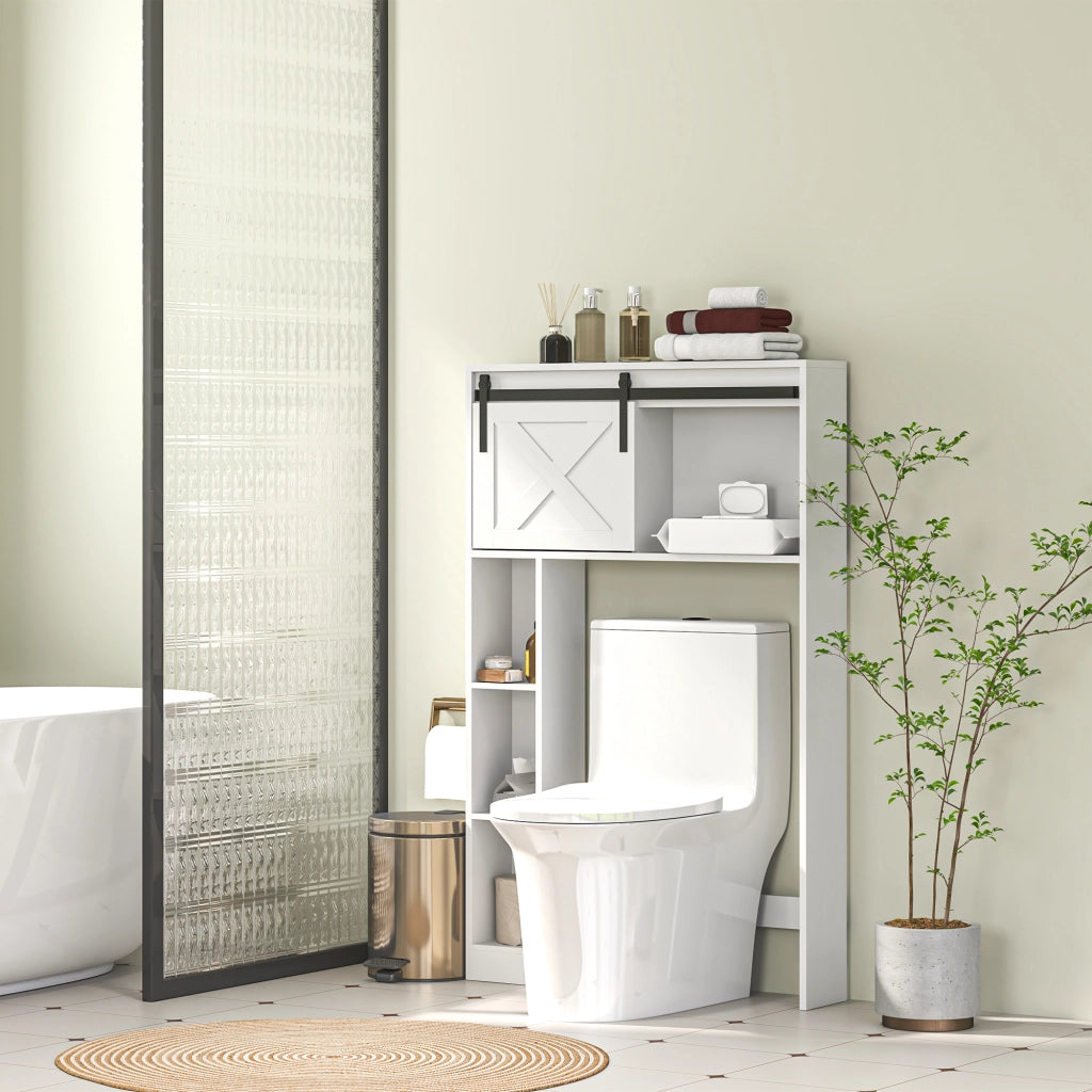 Mobiletto sospeso per WC con porta scorrevole e ripiani regolabili ¨C Zephmum ¨C Bianco 60x30x30