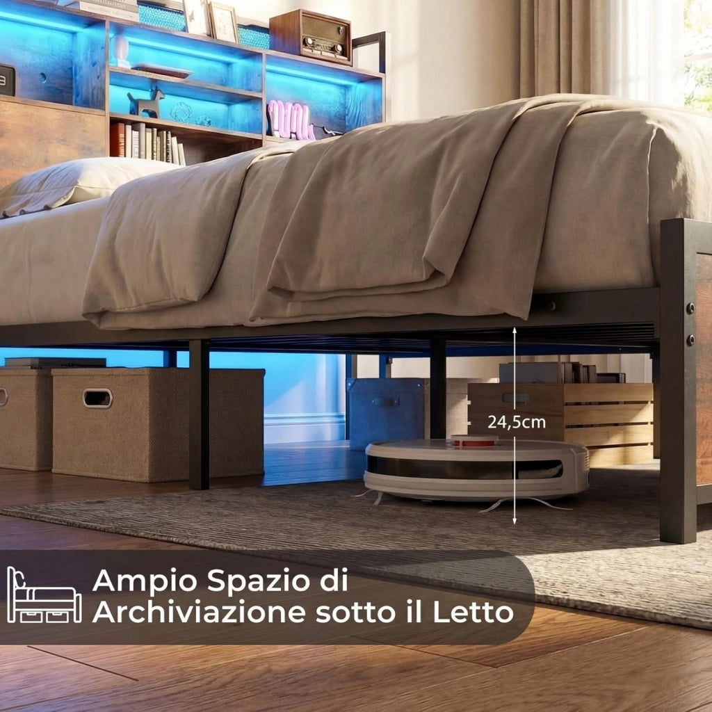 Struttura Letto con Testiera Contenitore, Letto a Piattaforma in Metallo con Stazione di Ricarica 3 Ripiani, Silenzioso, Carico Massimo 300kg (140 x 200cm Stile 2)