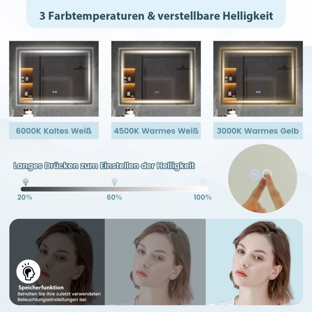 Specchio da Bagno LED 80x60cm Rettangolare da Parete con Luce Dimmerabile 3 Colori e Antiappannamento Touch