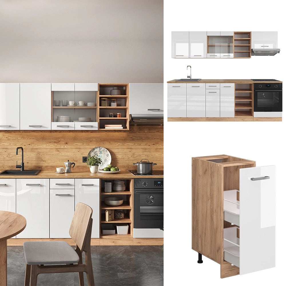 Cucina componibile R-Line Bianco lucido/Rovere dorato 240 cm senza piano di lavoro Vicco