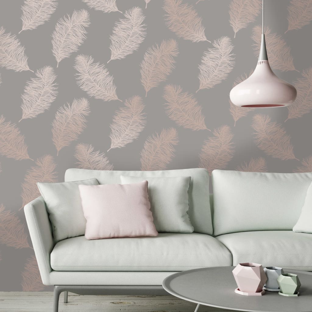 DUTCH WALLCOVERINGS Carta da Parati Fawning Feather Grigio e Oro Rosa 437412