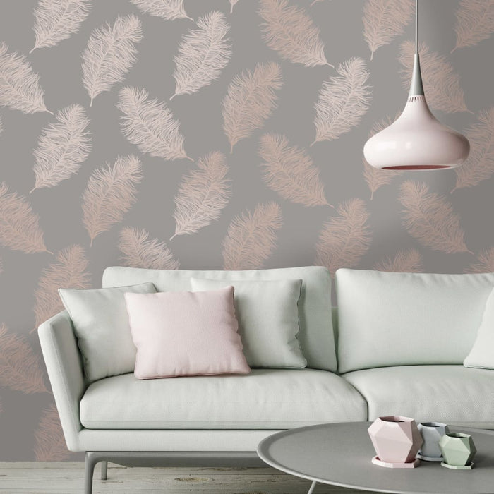 DUTCH WALLCOVERINGS Carta da Parati Fawning Feather Grigio e Oro Rosa 437412
