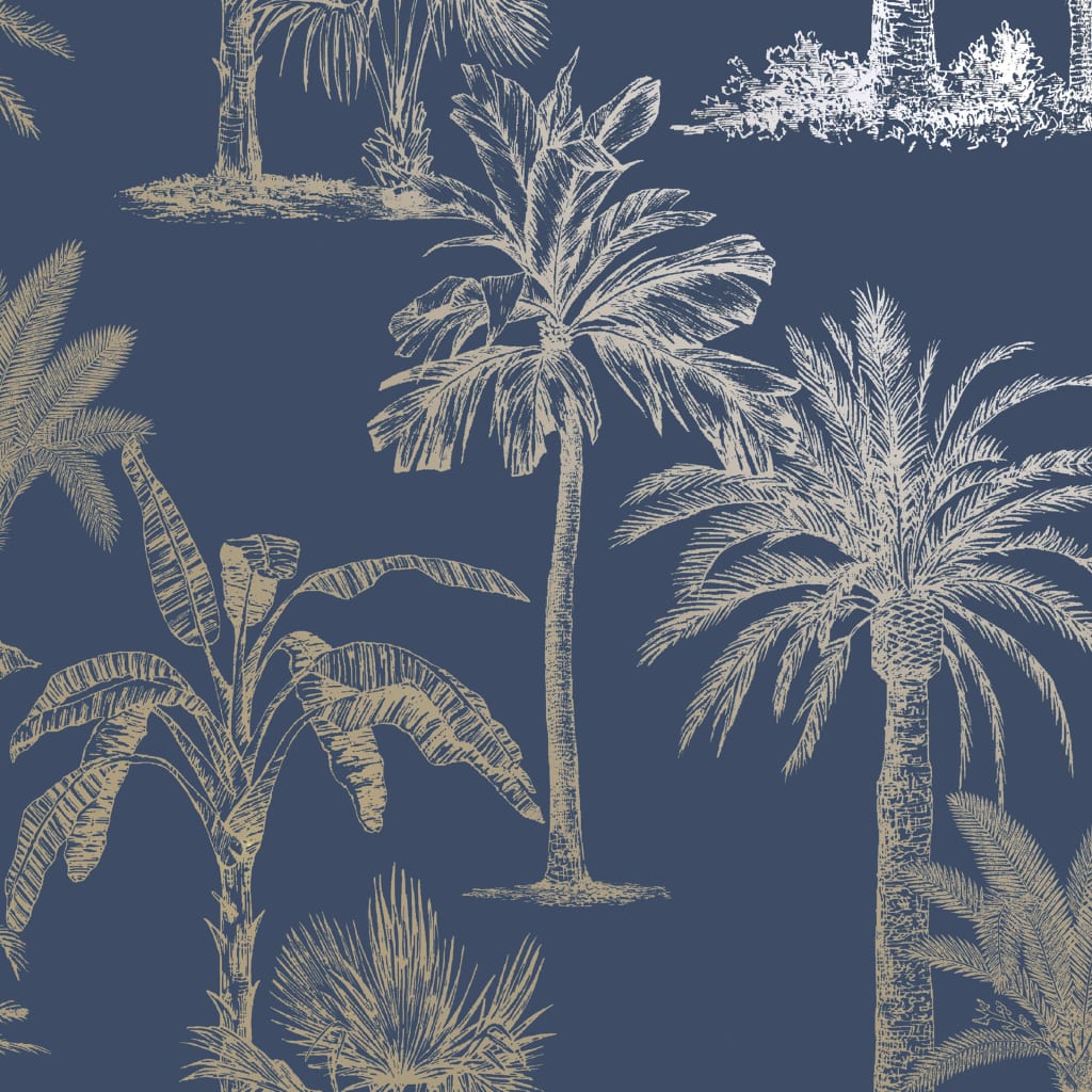 DUTCH WALLCOVERINGS Carta da Parati Alberi Tropicali Blu e Argento 437420